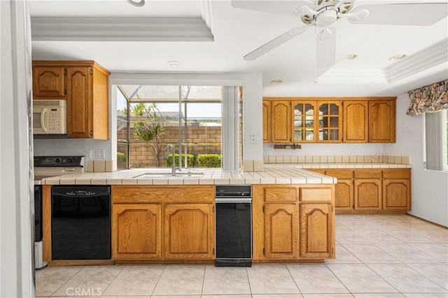 6459 E Via Arboles, Anaheim Hills, CA 92807 - kitchen featuring a raised ceiling, black dishwasher, white microwave, a sink, and crown molding