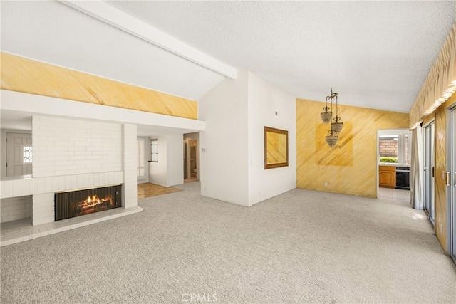 6459 E Via Arboles, Anaheim Hills, CA 92807 - unfurnished living room featuring light carpet, wood walls, and a brick fireplace