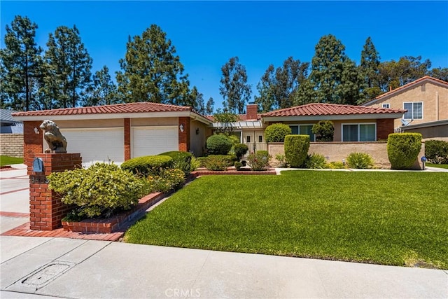 6459 E Via Arboles, Anaheim Hills, CA 92807 - single story home featuring an attached garage, a front yard, a tiled roof, and a chimney