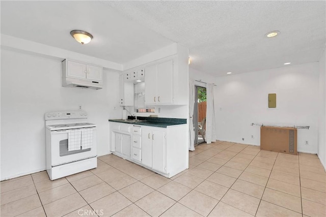 470 E Home St, Long Beach, CA 90805 - kitchen featuring white range with electric cooktop, under cabinet range hood, dark countertops, white cabinets, and light tile patterned flooring