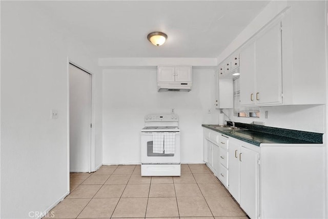 470 E Home St, Long Beach, CA 90805 - kitchen featuring white range with electric cooktop, under cabinet range hood, dark countertops, a sink, and white cabinets