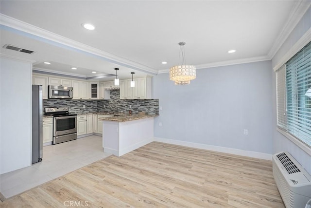 4014 Calle Sonora Oeste Unit 1G, Laguna Woods, CA 92637 - kitchen featuring stainless steel appliances, ornamental molding, backsplash, a chandelier, and a peninsula