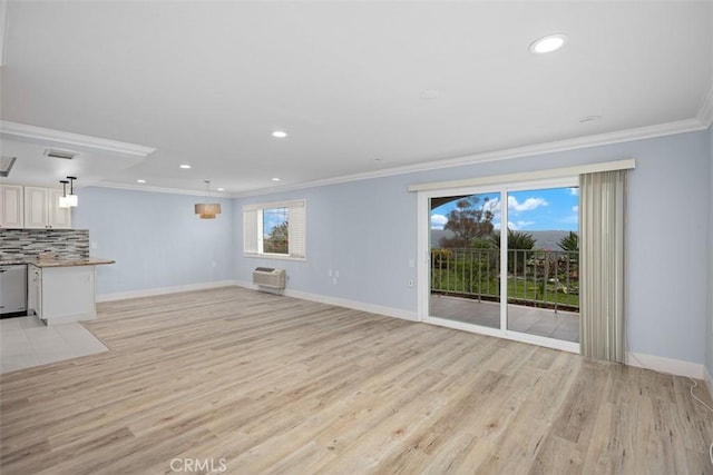 4014 Calle Sonora Oeste Unit 1G, Laguna Woods, CA 92637 - unfurnished living room with ornamental molding, light wood-style floors, baseboards, recessed lighting, and a wall unit AC