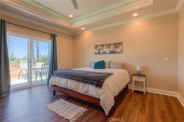 2381 Clearview Dr, Paradise, CA 95969 - bedroom featuring access to outside, crown molding, a tray ceiling, wood finished floors, and baseboards