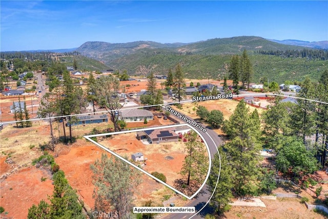 2381 Clearview Dr, Paradise, CA 95969 - aerial view of property and surrounding area featuring mountains and property parcel outlined