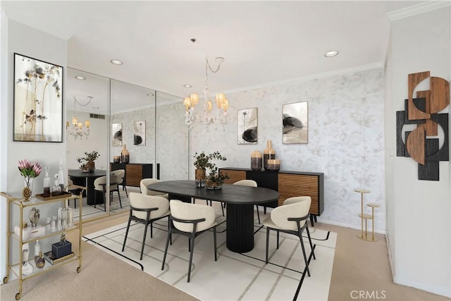 10724 Wilshire Blvd Unit 1010, Los Angeles, CA 90024 - dining space featuring a chandelier, ornamental molding, wallpapered walls, recessed lighting, and carpet flooring