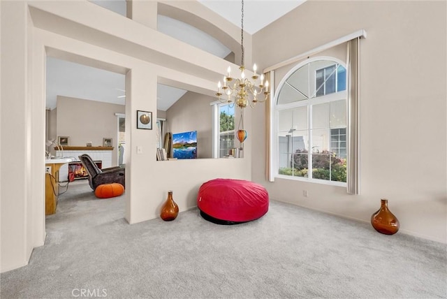 1548 Crystal Downs St, Banning, CA 92220 - living area with carpet, a chandelier, and vaulted ceiling