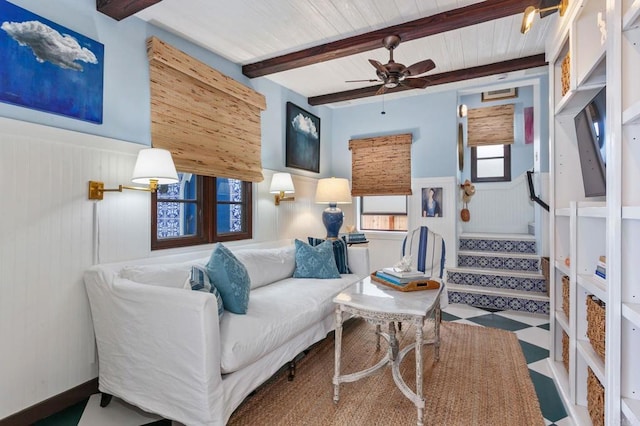 1008 S Ditmar St, Oceanside, CA 92054 - living room featuring wainscoting, a decorative wall, wood ceiling with exposed beams, ceiling fan, and stairs