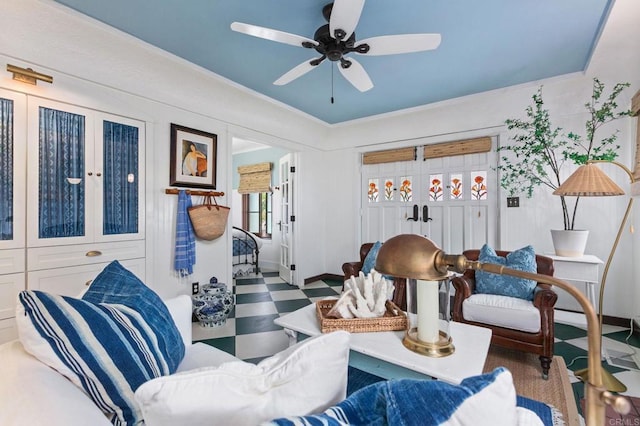 1008 S Ditmar St, Oceanside, CA 92054 - living room with tile patterned floors, ceiling fan, and baseboards