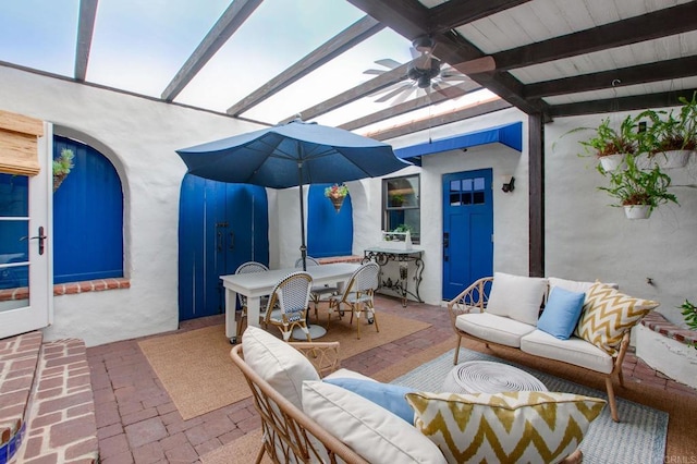 1008 S Ditmar St, Oceanside, CA 92054 - view of patio / terrace featuring an outdoor living space, outdoor dining space, ceiling fan, and a pergola