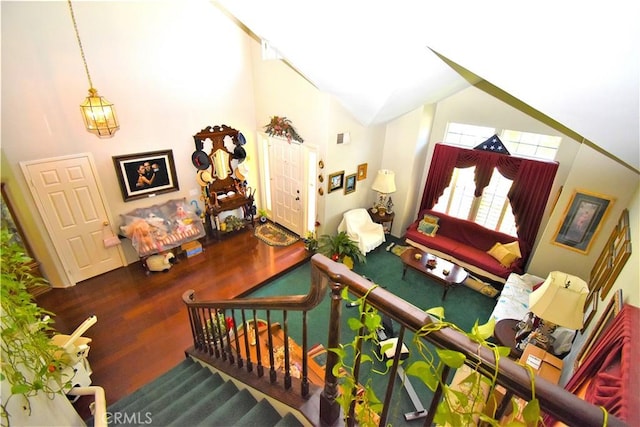29058 Rosewood Ln, Highland, CA 92346 - living area featuring high vaulted ceiling, wood finished floors, and stairs