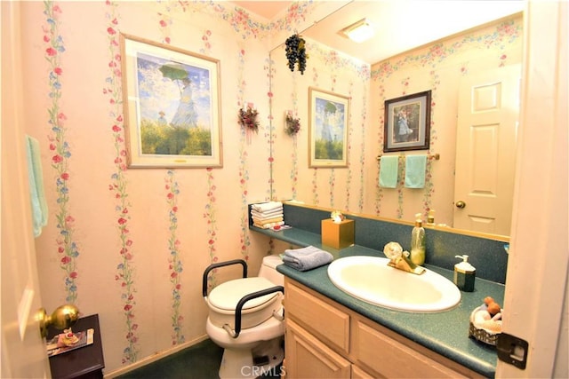 29058 Rosewood Ln, Highland, CA 92346 - half bath featuring vanity, toilet, and wallpapered walls