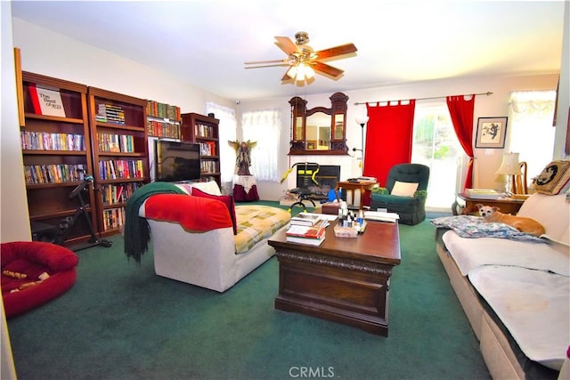 29058 Rosewood Ln, Highland, CA 92346 - carpeted living room featuring a ceiling fan and a fireplace