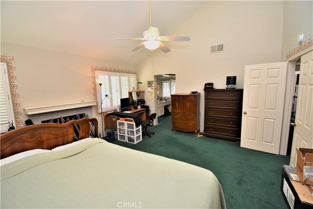 29058 Rosewood Ln, Highland, CA 92346 - bedroom with dark carpet, a ceiling fan, and high vaulted ceiling
