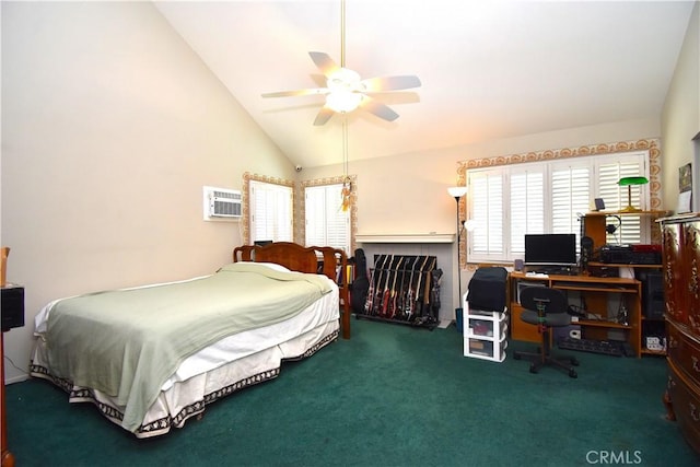 29058 Rosewood Ln, Highland, CA 92346 - bedroom with lofted ceiling, an office area, carpet flooring, ceiling fan, and a wall unit AC