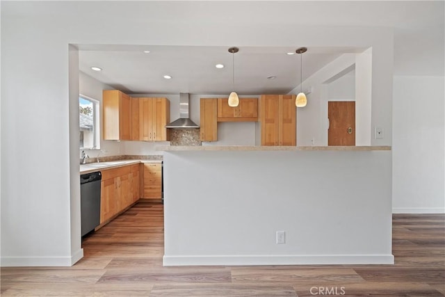 1273 E Appleton St Unit 4, Long Beach, CA 90802 - kitchen featuring wall chimney exhaust hood, stainless steel dishwasher, light wood-style floors, a sink, and hanging light fixtures