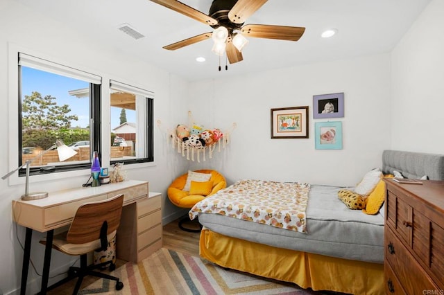 1125 Arcadia Rd, Encinitas, CA 92024 - bedroom with an office area, recessed lighting, light wood-style flooring, and a ceiling fan