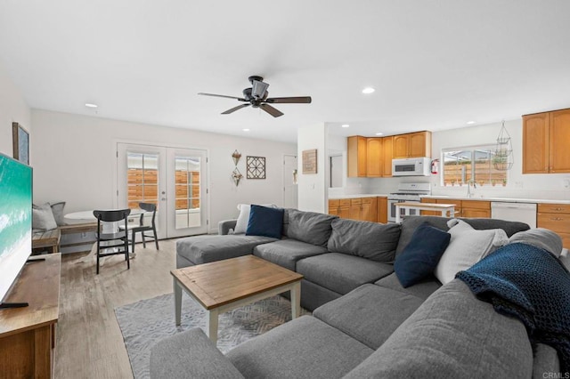 1125 Arcadia Rd, Encinitas, CA 92024 - living area with french doors, ceiling fan, light wood-type flooring, and recessed lighting