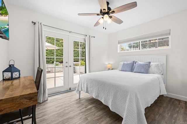1125 Arcadia Rd, Encinitas, CA 92024 - bedroom with french doors, access to exterior, wood finished floors, and ceiling fan