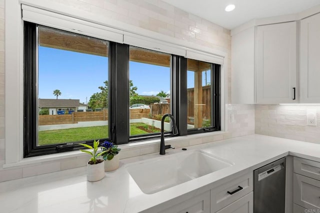 1125 Arcadia Rd, Encinitas, CA 92024 - kitchen featuring dishwasher, tasteful backsplash, white cabinets, and recessed lighting