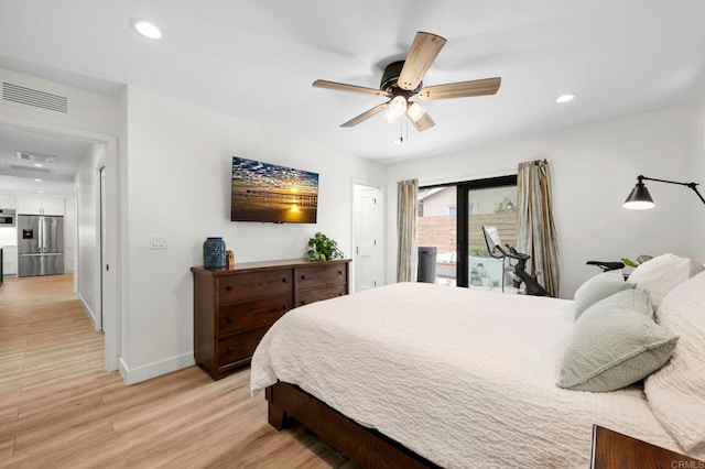 1125 Arcadia Rd, Encinitas, CA 92024 - bedroom featuring stainless steel fridge, access to exterior, light wood finished floors, recessed lighting, and a ceiling fan