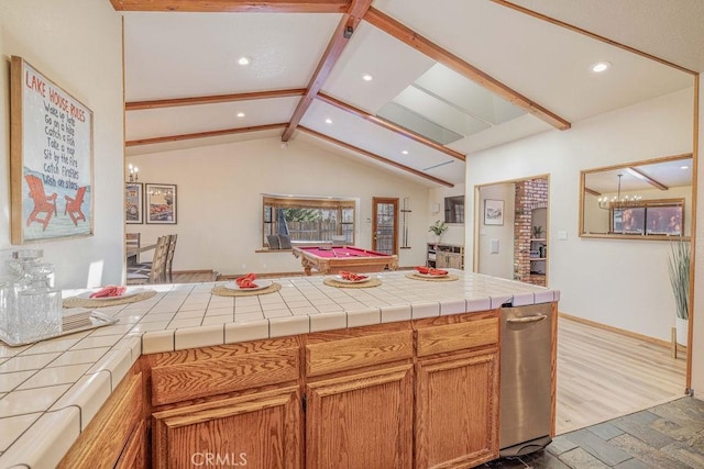 42756 Tannenbaum Platz, Big Bear Lake, CA 92315 - kitchen featuring a chandelier, recessed lighting, a peninsula, brown cabinetry, and baseboards
