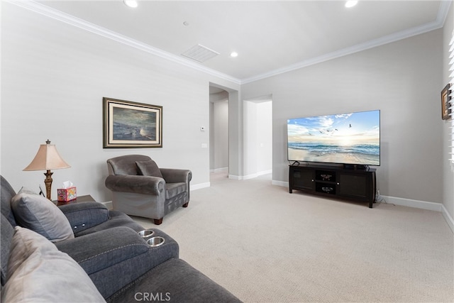 288 Shorey Dr, Glendora, CA 91741 - living room with light carpet, ornamental molding, baseboards, and recessed lighting