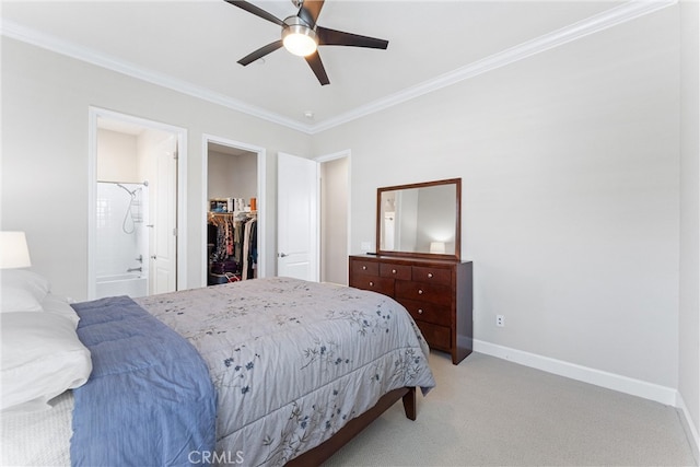 288 Shorey Dr, Glendora, CA 91741 - bedroom featuring ornamental molding, baseboards, light carpet, a walk in closet, and connected bathroom