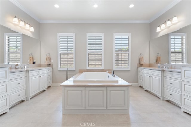 288 Shorey Dr, Glendora, CA 91741 - bathroom featuring two vanities, tile patterned flooring, healthy amount of natural light, a bath, and crown molding