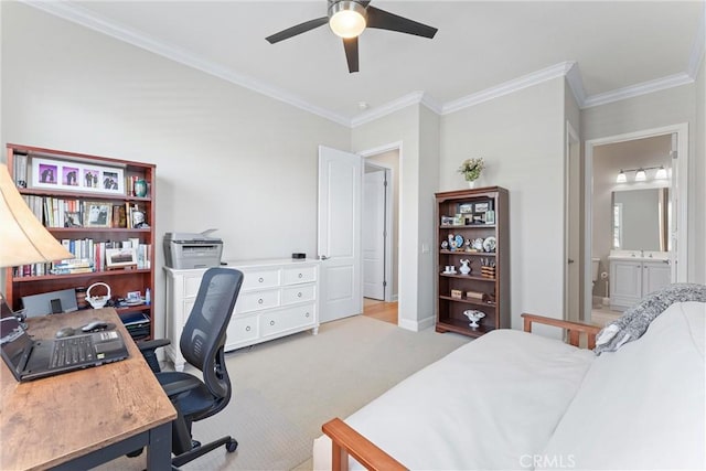 288 Shorey Dr, Glendora, CA 91741 - bedroom with light carpet, crown molding, an office area, ensuite bath, and a sink