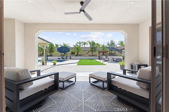 288 Shorey Dr, Glendora, CA 91741 - view of patio / terrace featuring a ceiling fan, an outdoor pool, and outdoor lounge area