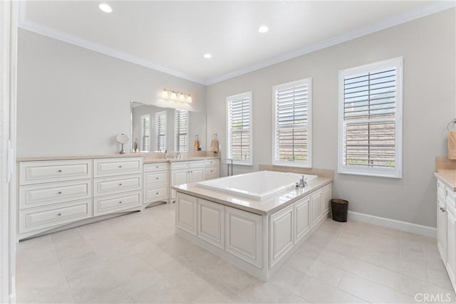 288 Shorey Dr, Glendora, CA 91741 - bathroom featuring vanity, a bath, crown molding, baseboards, and recessed lighting