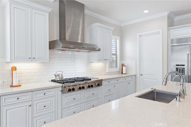 288 Shorey Dr, Glendora, CA 91741 - kitchen with wall chimney range hood, stainless steel appliances, a sink, white cabinets, and crown molding
