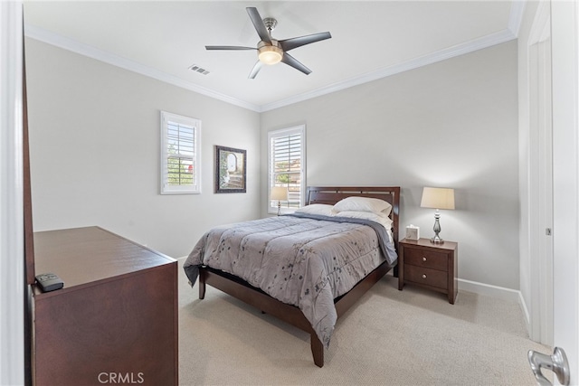 288 Shorey Dr, Glendora, CA 91741 - bedroom with ornamental molding, light carpet, baseboards, and a ceiling fan