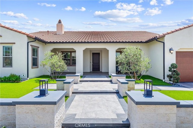 288 Shorey Dr, Glendora, CA 91741 - view of front of house with stucco siding, a tiled roof, a porch, a chimney, and a front lawn
