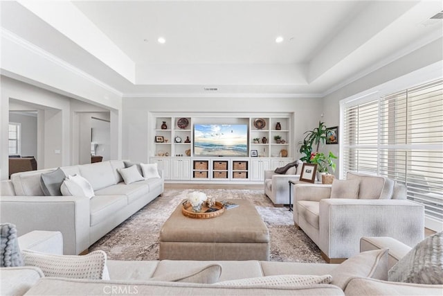 288 Shorey Dr, Glendora, CA 91741 - living area with a raised ceiling, built in shelves, and recessed lighting