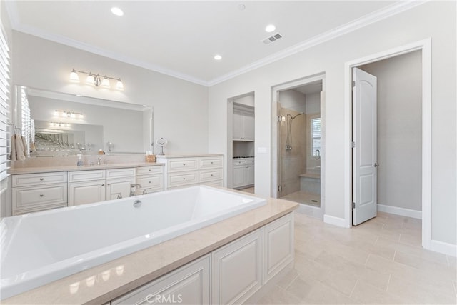 288 Shorey Dr, Glendora, CA 91741 - full bathroom featuring a shower stall, crown molding, vanity, tile patterned floors, and baseboards