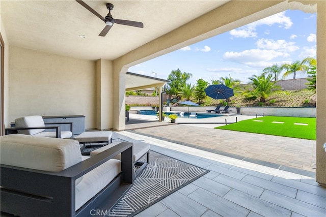 288 Shorey Dr, Glendora, CA 91741 - fenced backyard featuring a patio, an outdoor hangout area, a ceiling fan, and an outdoor pool