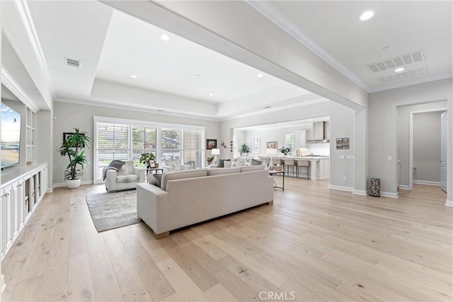 288 Shorey Dr, Glendora, CA 91741 - living room featuring light wood finished floors, baseboards, ornamental molding, recessed lighting, and a tray ceiling