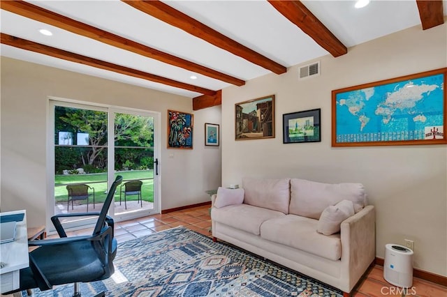 128 Rocky Point Rd, Palos Verdes Estates, CA 90274 - office area with beam ceiling, baseboards, recessed lighting, and light tile patterned floors