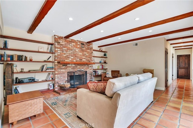 128 Rocky Point Rd, Palos Verdes Estates, CA 90274 - living area featuring beam ceiling, light tile patterned floors, a fireplace, recessed lighting, and baseboards
