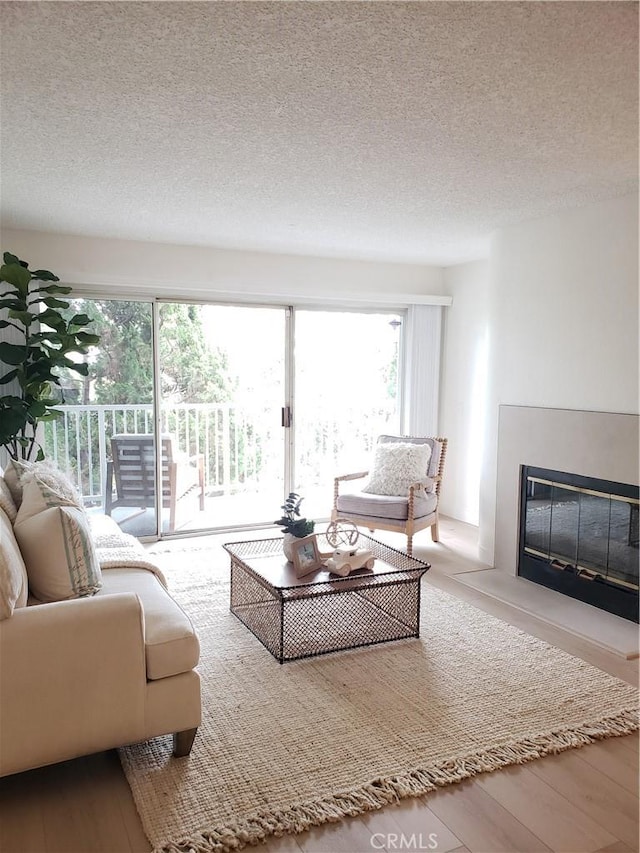 1406 Brett Pl Unit 112, San Pedro, CA 90732 - living area featuring a textured ceiling, a glass covered fireplace, and wood finished floors