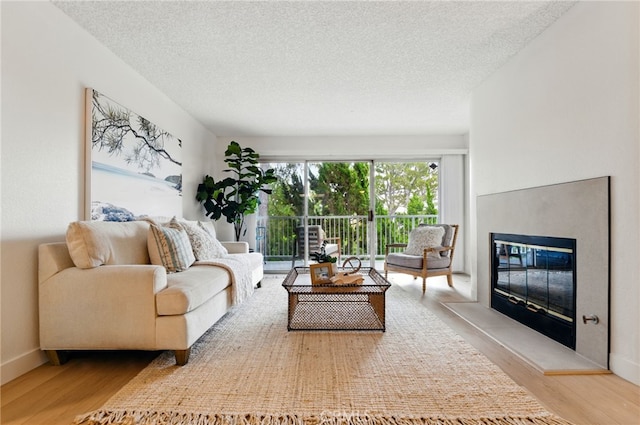 1406 Brett Pl Unit 112, San Pedro, CA 90732 - living room with wood finished floors, a textured ceiling, and a glass covered fireplace
