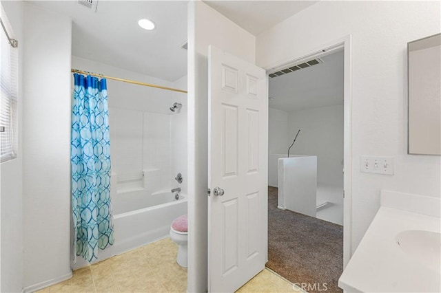 16029 White Mountain Pl, Victorville, CA 92394 - bathroom with shower / bathtub combination with curtain, vanity, toilet, and recessed lighting