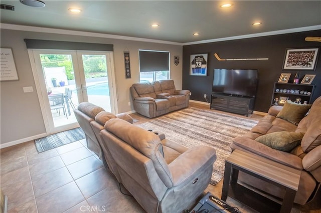 572 Willowgrove Ave, Glendora, CA 91741 - tiled living room with baseboards, french doors, crown molding, and recessed lighting
