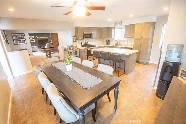 572 Willowgrove Ave, Glendora, CA 91741 - dining area with a ceiling fan, light tile patterned flooring, recessed lighting, and baseboards