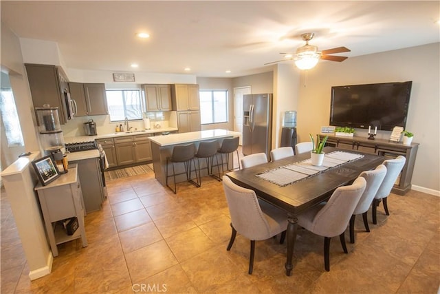 572 Willowgrove Ave, Glendora, CA 91741 - dining room with ceiling fan, light tile patterned floors, and recessed lighting