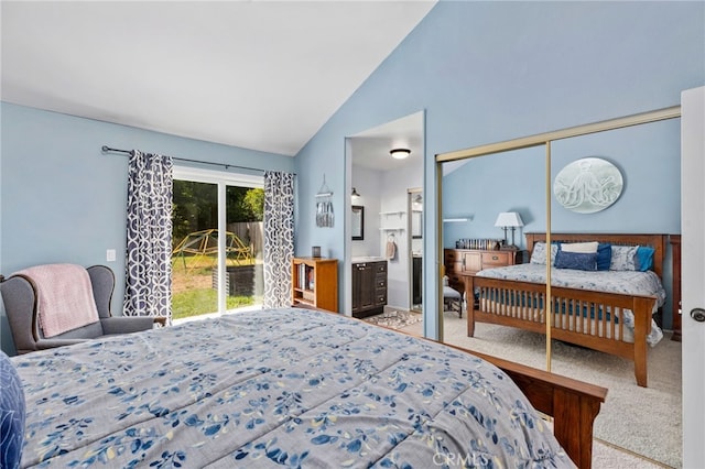29951 Cactus Pl, Temecula, CA 92592 - carpeted bedroom with connected bathroom and high vaulted ceiling