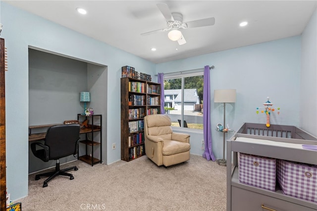 29951 Cactus Pl, Temecula, CA 92592 - bedroom featuring light colored carpet, a desk, recessed lighting, and a ceiling fan