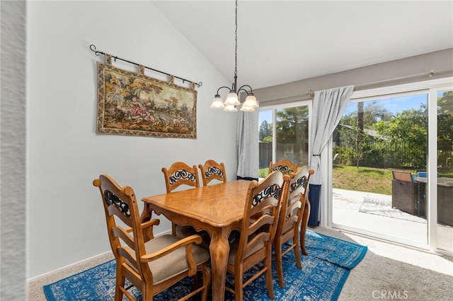 29951 Cactus Pl, Temecula, CA 92592 - dining area featuring carpet floors, a chandelier, lofted ceiling, and plenty of natural light